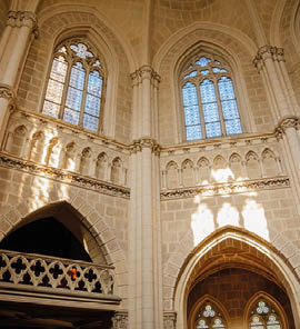 Trebon, South Bohemia, Czech Republic, 9 October 2021: Schwarzenberg family tomb at gothic style in Domanin near castle, Church interior, white stone walls, lancet windows with stained-glass